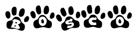 The image shows a series of animal paw prints arranged in a horizontal line. Each paw print contains a letter, and together they spell out the word Bosco.