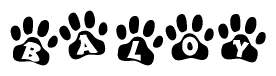 The image shows a series of animal paw prints arranged horizontally. Within each paw print, there's a letter; together they spell Baloy