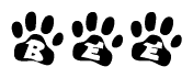 The image shows a series of animal paw prints arranged in a horizontal line. Each paw print contains a letter, and together they spell out the word Bee.