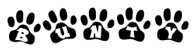 The image shows a series of animal paw prints arranged in a horizontal line. Each paw print contains a letter, and together they spell out the word Bunty.