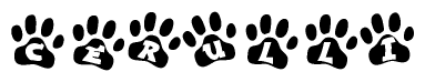 The image shows a row of animal paw prints, each containing a letter. The letters spell out the word Cerulli within the paw prints.