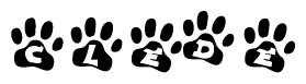 The image shows a row of animal paw prints, each containing a letter. The letters spell out the word Clede within the paw prints.