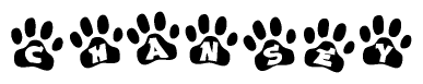The image shows a row of animal paw prints, each containing a letter. The letters spell out the word Chansey within the paw prints.