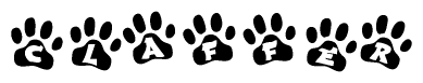 The image shows a series of animal paw prints arranged in a horizontal line. Each paw print contains a letter, and together they spell out the word Claffer.