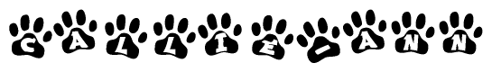 The image shows a series of animal paw prints arranged horizontally. Within each paw print, there's a letter; together they spell Callie-ann