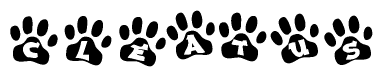 The image shows a row of animal paw prints, each containing a letter. The letters spell out the word Cleatus within the paw prints.