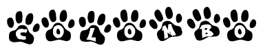 The image shows a series of animal paw prints arranged in a horizontal line. Each paw print contains a letter, and together they spell out the word Colombo.