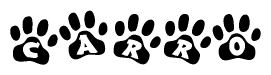 The image shows a row of animal paw prints, each containing a letter. The letters spell out the word Carro within the paw prints.