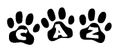 The image shows a series of animal paw prints arranged in a horizontal line. Each paw print contains a letter, and together they spell out the word Caz.