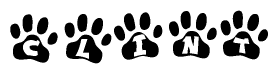 The image shows a series of animal paw prints arranged horizontally. Within each paw print, there's a letter; together they spell Clint