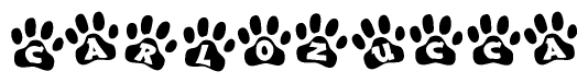 The image shows a series of animal paw prints arranged horizontally. Within each paw print, there's a letter; together they spell Carlozucca