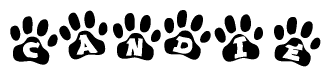 The image shows a series of animal paw prints arranged horizontally. Within each paw print, there's a letter; together they spell Candie