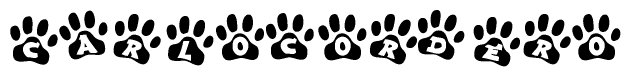 The image shows a row of animal paw prints, each containing a letter. The letters spell out the word Carlocordero within the paw prints.