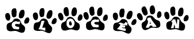 The image shows a series of animal paw prints arranged horizontally. Within each paw print, there's a letter; together they spell Clocean