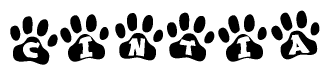 The image shows a row of animal paw prints, each containing a letter. The letters spell out the word Cintia within the paw prints.