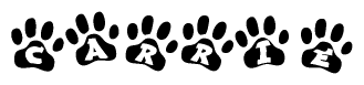 The image shows a row of animal paw prints, each containing a letter. The letters spell out the word Carrie within the paw prints.