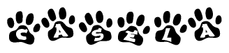 The image shows a series of animal paw prints arranged horizontally. Within each paw print, there's a letter; together they spell Casela