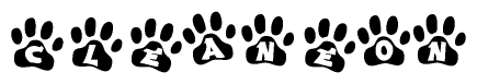 The image shows a series of animal paw prints arranged horizontally. Within each paw print, there's a letter; together they spell Cleaneon
