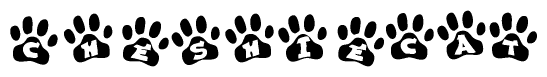 The image shows a series of animal paw prints arranged in a horizontal line. Each paw print contains a letter, and together they spell out the word Cheshiecat.