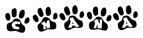 The image shows a series of animal paw prints arranged in a horizontal line. Each paw print contains a letter, and together they spell out the word Chana.
