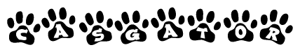 The image shows a series of animal paw prints arranged horizontally. Within each paw print, there's a letter; together they spell Casgator