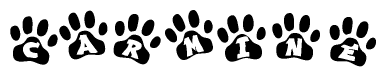 The image shows a row of animal paw prints, each containing a letter. The letters spell out the word Carmine within the paw prints.