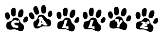The image shows a series of animal paw prints arranged in a horizontal line. Each paw print contains a letter, and together they spell out the word Callye.