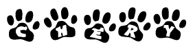 The image shows a series of animal paw prints arranged in a horizontal line. Each paw print contains a letter, and together they spell out the word Chery.