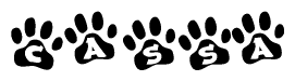 The image shows a series of animal paw prints arranged horizontally. Within each paw print, there's a letter; together they spell Cassa