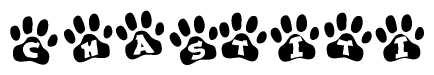 The image shows a series of animal paw prints arranged horizontally. Within each paw print, there's a letter; together they spell Chastiti