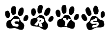 The image shows a series of animal paw prints arranged horizontally. Within each paw print, there's a letter; together they spell Crys