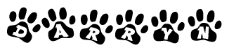The image shows a row of animal paw prints, each containing a letter. The letters spell out the word Darryn within the paw prints.