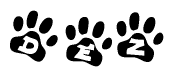 The image shows a row of animal paw prints, each containing a letter. The letters spell out the word Dez within the paw prints.