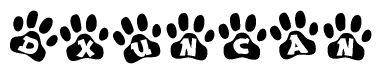 The image shows a series of animal paw prints arranged in a horizontal line. Each paw print contains a letter, and together they spell out the word Dxuncan.