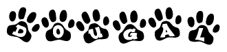 The image shows a series of animal paw prints arranged in a horizontal line. Each paw print contains a letter, and together they spell out the word Dougal.