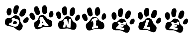 The image shows a row of animal paw prints, each containing a letter. The letters spell out the word Daniele within the paw prints.