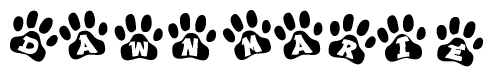 The image shows a series of animal paw prints arranged in a horizontal line. Each paw print contains a letter, and together they spell out the word Dawnmarie.