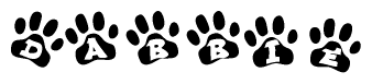 The image shows a series of animal paw prints arranged in a horizontal line. Each paw print contains a letter, and together they spell out the word Dabbie.