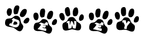 The image shows a series of animal paw prints arranged in a horizontal line. Each paw print contains a letter, and together they spell out the word Dewey.
