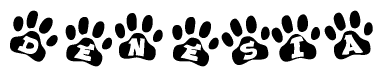 The image shows a row of animal paw prints, each containing a letter. The letters spell out the word Denesia within the paw prints.