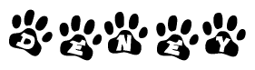 The image shows a series of animal paw prints arranged in a horizontal line. Each paw print contains a letter, and together they spell out the word Deney.