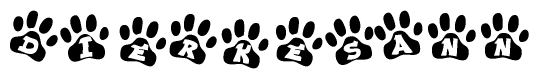 The image shows a series of animal paw prints arranged horizontally. Within each paw print, there's a letter; together they spell Dierkesann