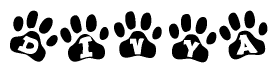 The image shows a series of animal paw prints arranged horizontally. Within each paw print, there's a letter; together they spell Divya