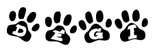 The image shows a row of animal paw prints, each containing a letter. The letters spell out the word Degi within the paw prints.