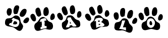 The image shows a series of animal paw prints arranged in a horizontal line. Each paw print contains a letter, and together they spell out the word Diablo.