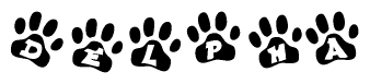The image shows a series of animal paw prints arranged in a horizontal line. Each paw print contains a letter, and together they spell out the word Delpha.