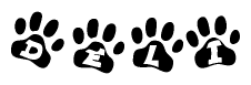 The image shows a series of animal paw prints arranged in a horizontal line. Each paw print contains a letter, and together they spell out the word Deli.
