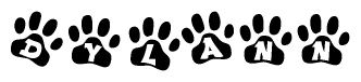 The image shows a row of animal paw prints, each containing a letter. The letters spell out the word Dylann within the paw prints.