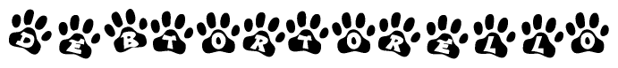The image shows a row of animal paw prints, each containing a letter. The letters spell out the word Debtortorello within the paw prints.