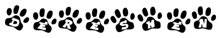 The image shows a series of animal paw prints arranged in a horizontal line. Each paw print contains a letter, and together they spell out the word Dereshen.